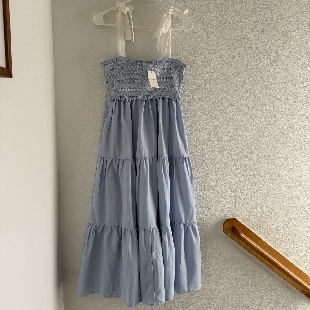 Idem Ditto S Light Blue Sleeveless Tiered Maxi Dress Maternity Cottagecore NWT